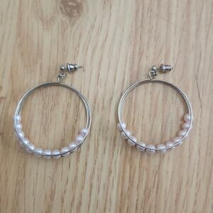Light Pink Faux Pearl Hoop Earrings Silver Tone 2 Inch Post Dangle‎ Fashion